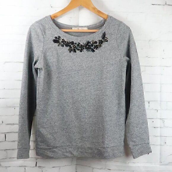 ANN TAYLOR LOFT GREY LONG SLEEVE ROUND NECK SWEATSHIRT WITH BEADED STONE DETAIL - Picture 1 of 8